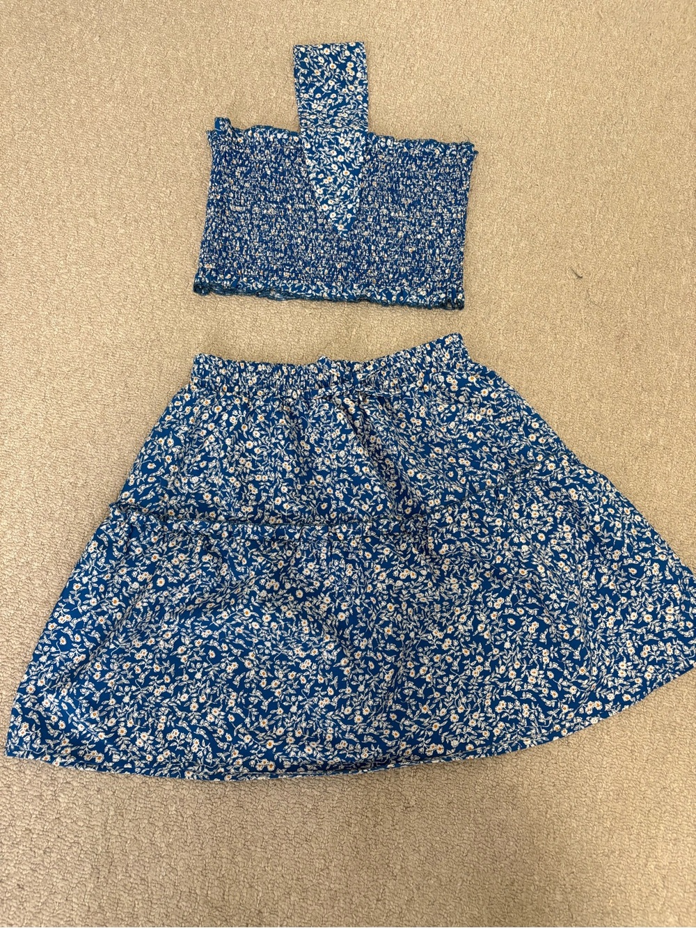 Blue Floral Two-Piece Crop Top + Skirt Set